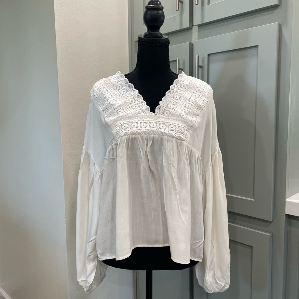 Boho White Crochet Yoke Peasant Top - Picture 1 of 10